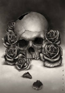 Skull and Roses.  Wanted to paint an more realistic skull with limited brushes.  One texture brush for the skull and roses, and another for the background. Painted in PS CS4  by Pister
